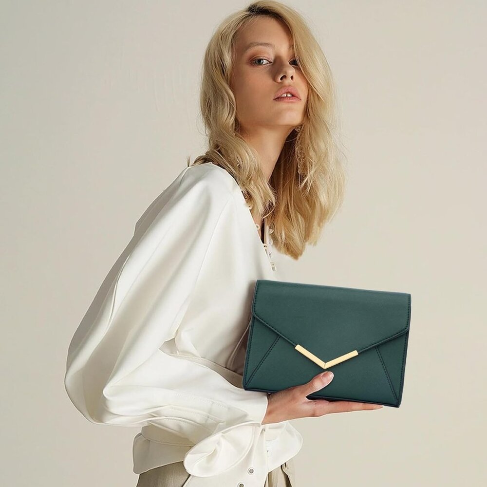 ⚡ Women's Green Leather Elegant Snap Closure Envelope Foldover Clutch Bag